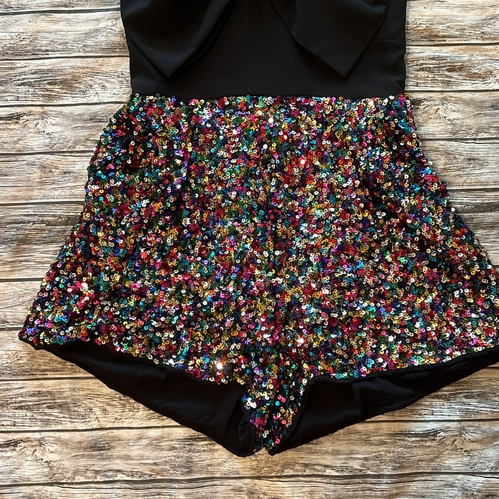 TCEC Strapless Black Bow Top Multi-Colored Sequined Romper M - Picture 4 of 10
